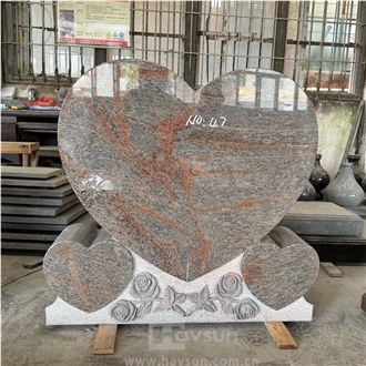 Many Colors Rose On Bottom Granite Triplet Hearts Tombstone
