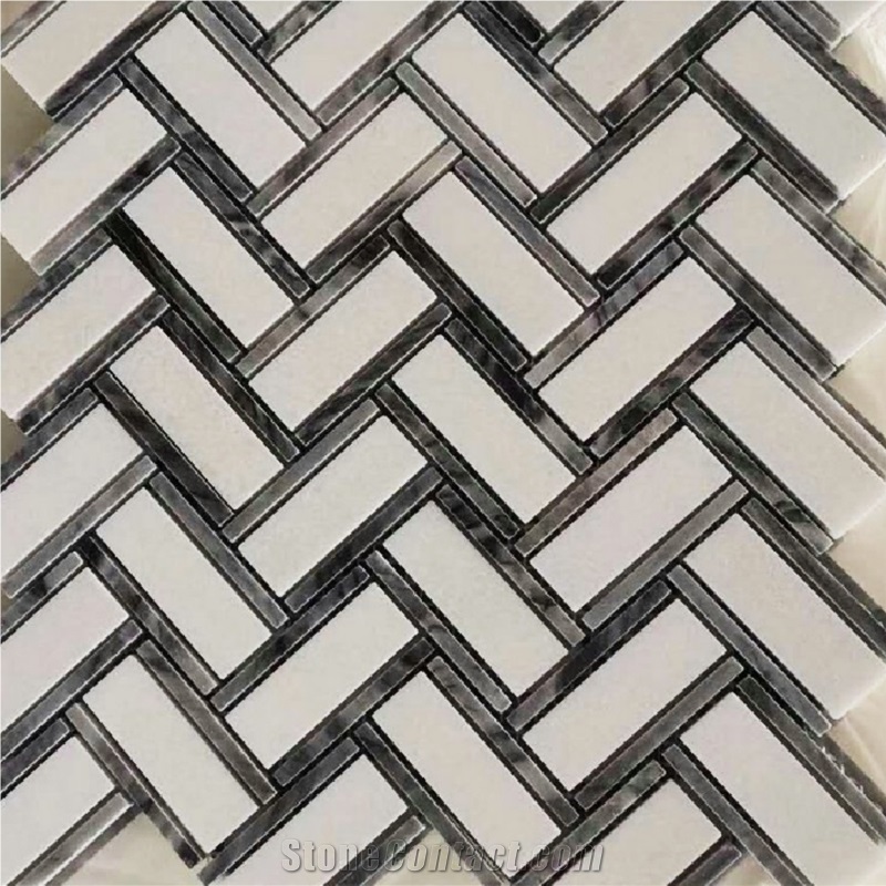 Herringbone Basket Weave White Marble Mosaic Tiles For Backsplash