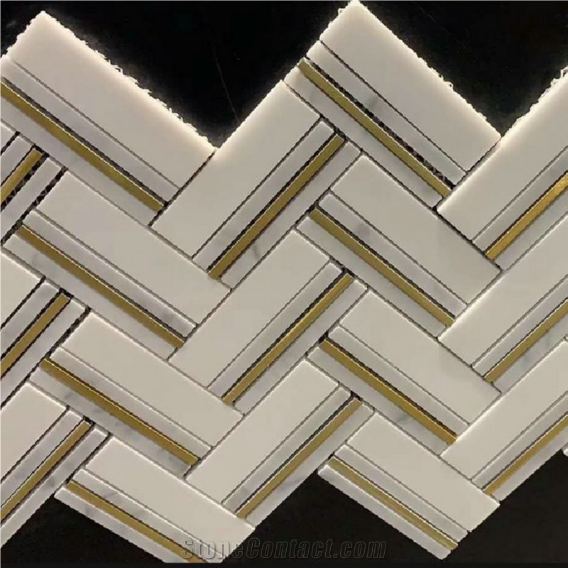 Herringbone Basket Weave White Marble Mosaic Tiles For Backsplash
