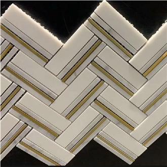 Herringbone Basket Weave White Marble Mosaic Tiles For Backsplash