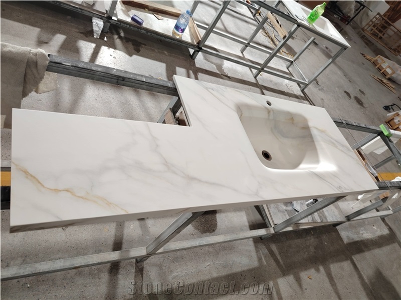 Glossy Bending Sintered Stone Bathroom Vanity Tops With Sink