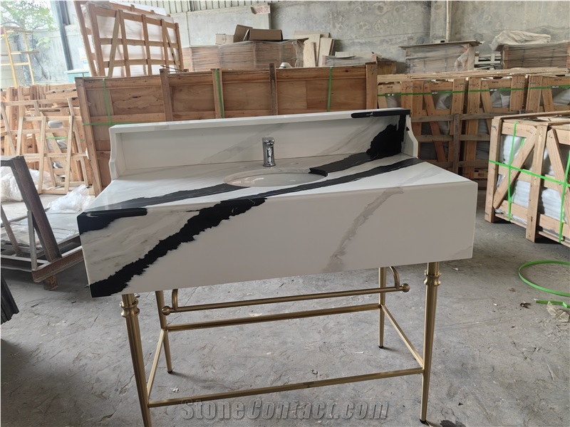 5008-Panda White Quartz Artificial Bathroom Countertop