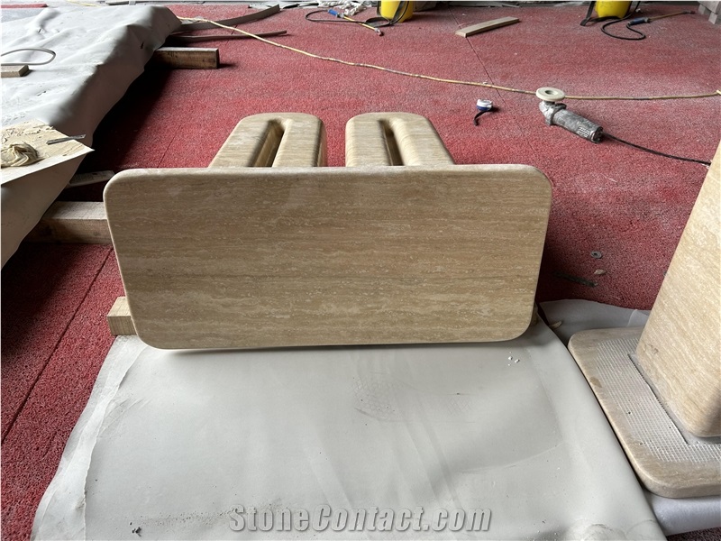 U Shape Leg Beige Travertine Side Table