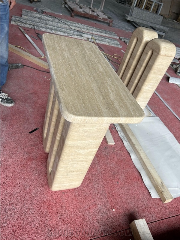 U Shape Leg Beige Travertine Side Table