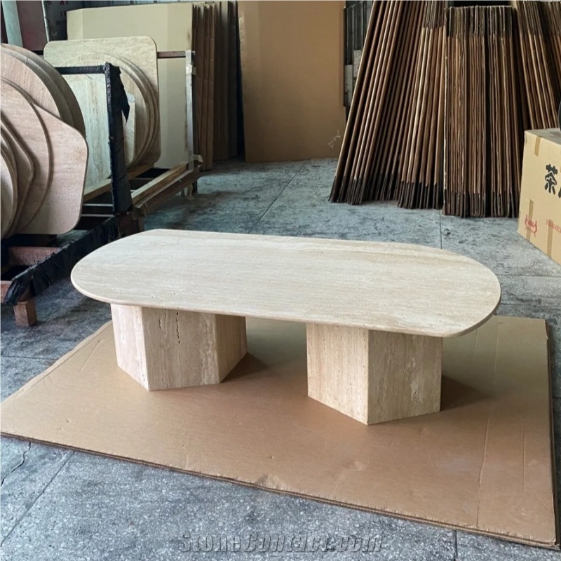 Beige Travertine Coffee Table Rustic Design For Living Room