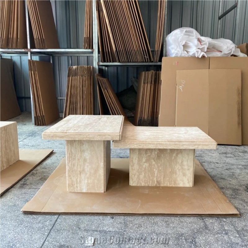 Beige Travertine Coffee Table Rustic Design For Living Room