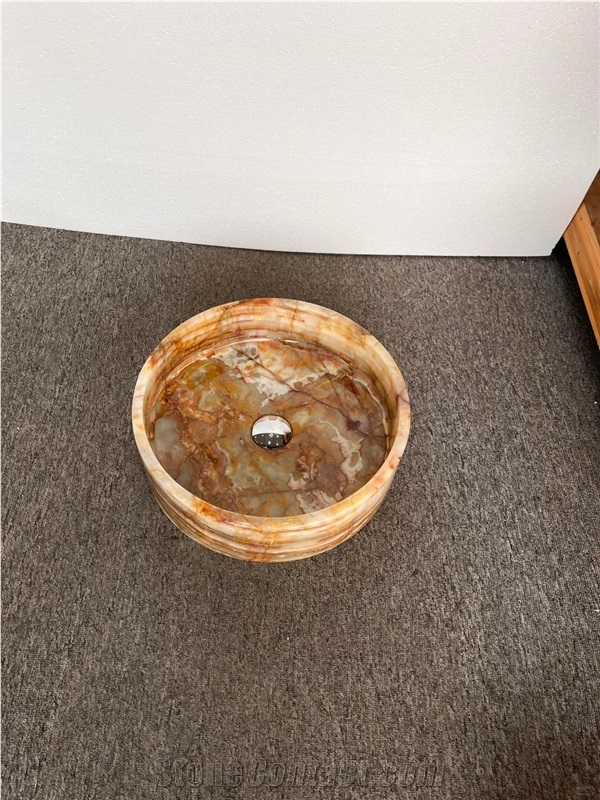 Pink Onyx Round Vessel Wash Basin Farmhouse For Bathroom