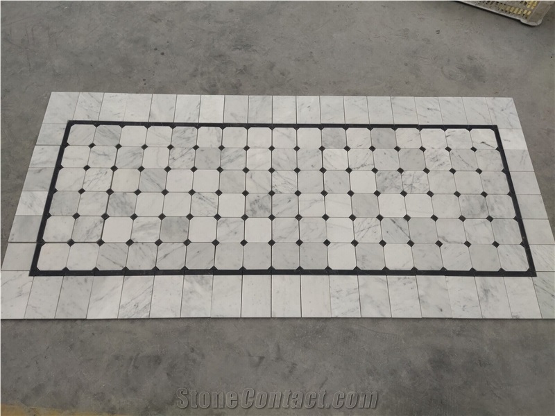 Carrara White Octagon Mosaic Tiles With Black Square Dots