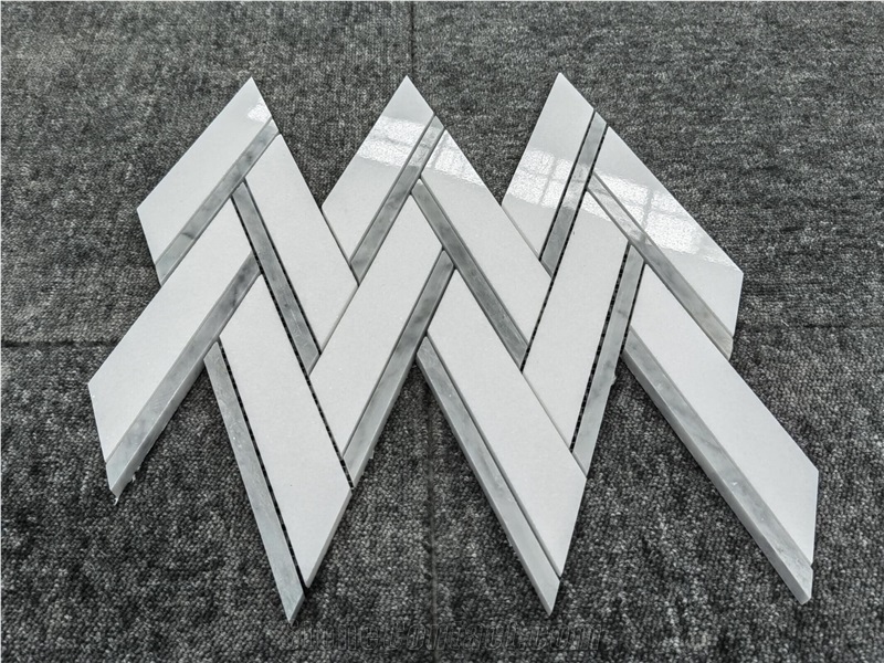 Grey Mixed White Marble Chevron Herringbone Mosaic
