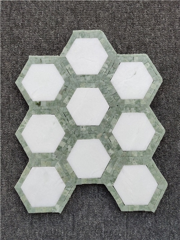 Thassos White Mixed Green Marble Hexagon Mosaic