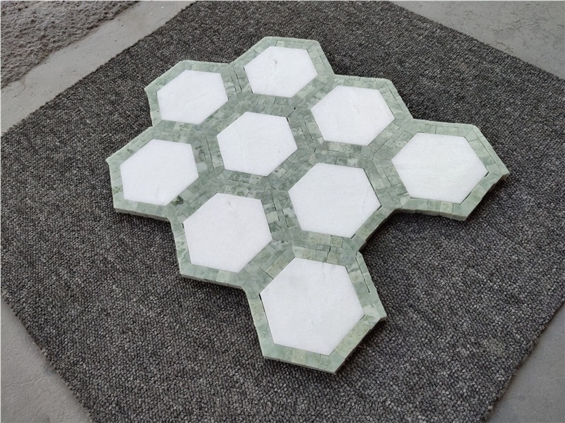 Thassos White Mixed Green Marble Hexagon Mosaic
