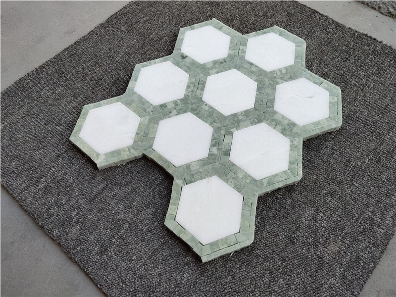 Thassos White Mixed Green Marble Hexagon Mosaic