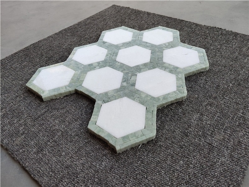 Thassos White Mixed Green Marble Hexagon Mosaic