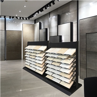 Tile Store Display Rack Multi-Tiered Panel Stainless & Wood
