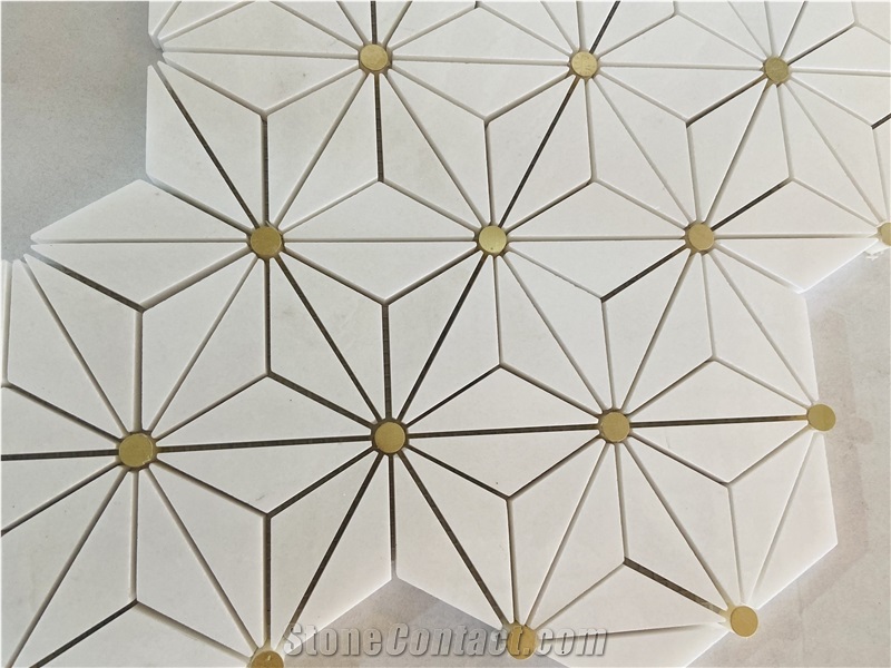 Thassos White Marble With Gold Metal Marble Mosaic Tiles