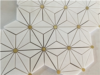 Thassos White Marble With Gold Metal Marble Mosaic Tiles