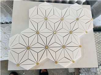 Thassos White Marble With Gold Metal Marble Mosaic Tiles