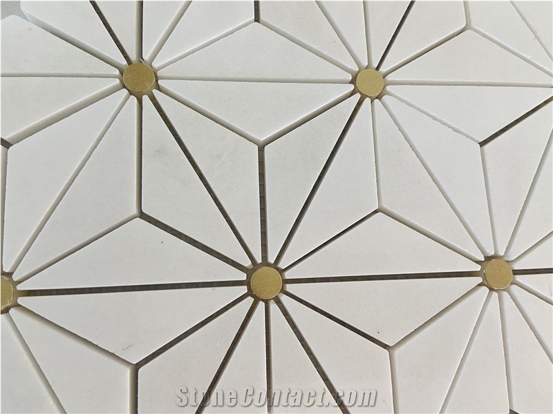 Thassos White Marble With Gold Metal Marble Mosaic Tiles