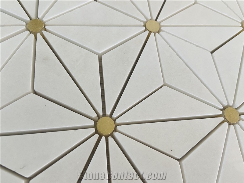Thassos White Marble With Gold Metal Marble Mosaic Tiles