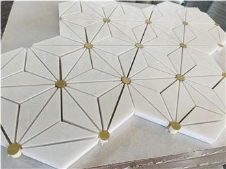Thassos White Marble With Gold Metal Marble Mosaic Tiles