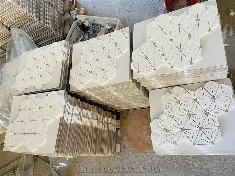 Thassos White Marble With Gold Metal Marble Mosaic Tiles