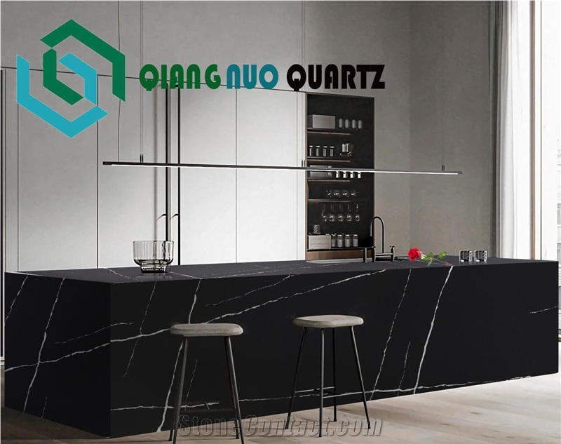 Black Line Texture Calacatta Quartz Kitchen Countertop