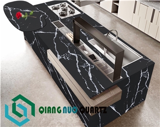Black Starry Sky Calacatta Quartz Project Kitchen Countertop