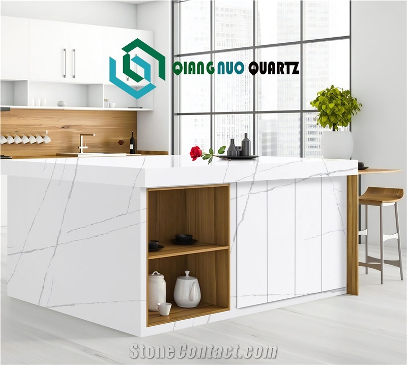 Checkered Pattern White Calacatta Quartz Kitchen Countertop