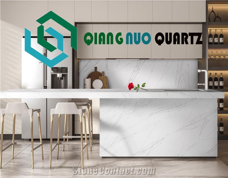 Diagonal White Calacatta Quartz Resistant To Dirt Bench Tops
