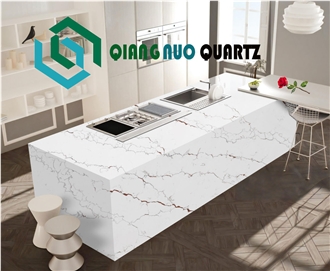 Gold Lines Calacatta Quartz Resistant To Dirt Kitchen Countertop