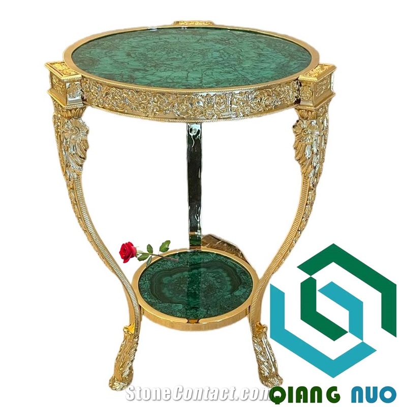 Green Malachite Semi-Precious Stone Brass Mounted Coffee Table