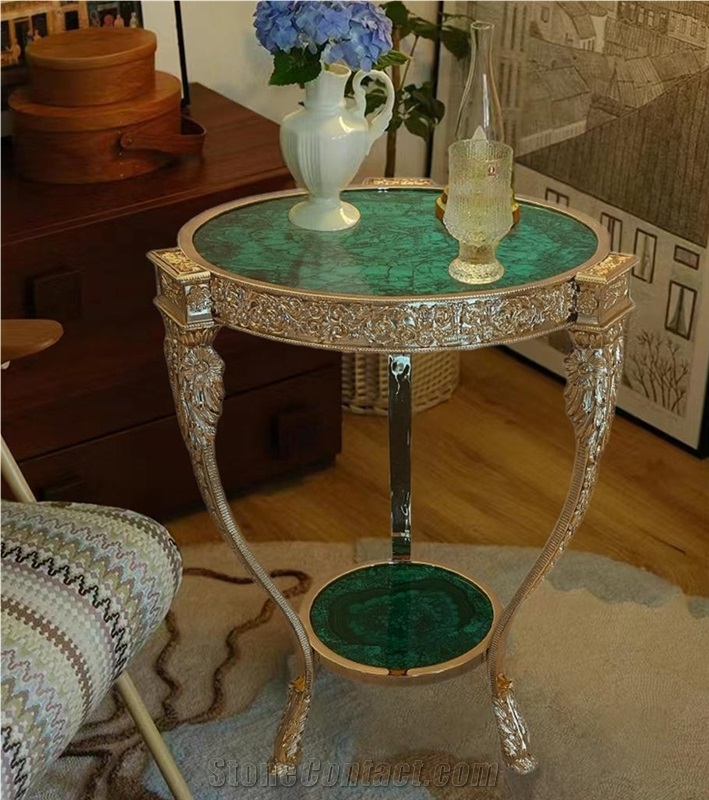 Green Malachite Semi-Precious Stone Brass Mounted Coffee Table