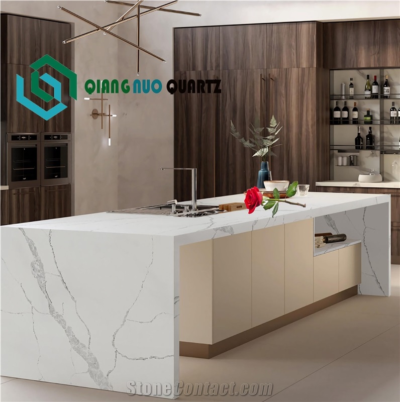 Light White Sturdy Polished Quartz Kitchen Countertop
