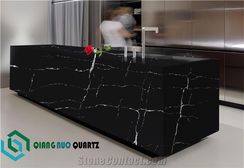 Qiangnuo Black Calacatta Quartz Polishing Kitchen Countertop
