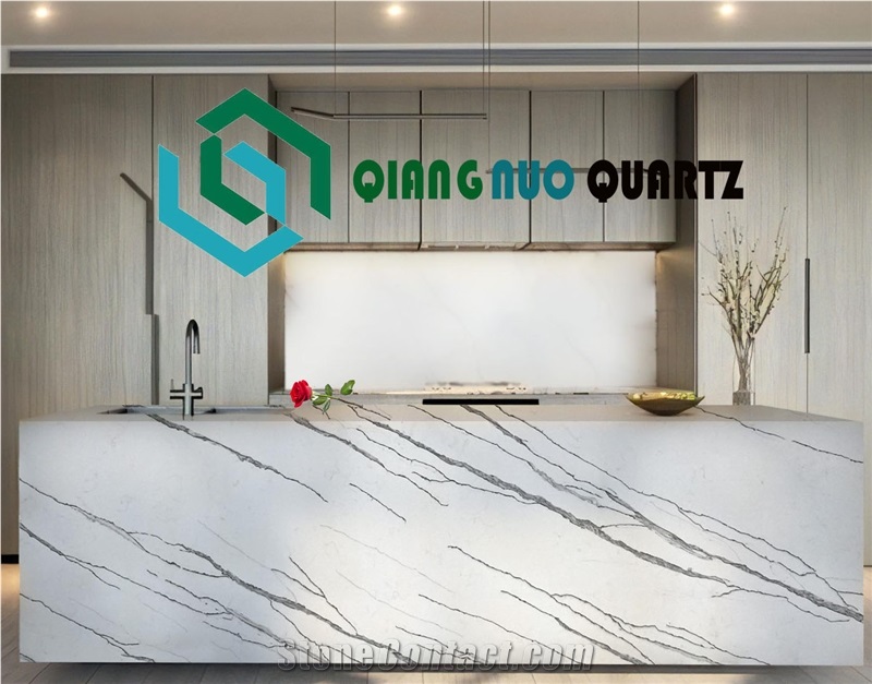 Qiangnuo Diagonal Fish Belly White Hard Quartz Kitchen Countertop