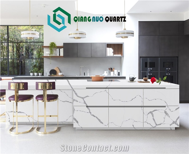 White Shiny Calacatta Polished Quartz Stone Bench Tops