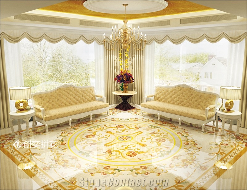 Luxury Waterjet Marble Inlay Medallion Carpet Floor Villa