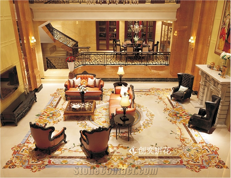 Luxury Waterjet Marble Inlay Medallion Carpet Floor Villa