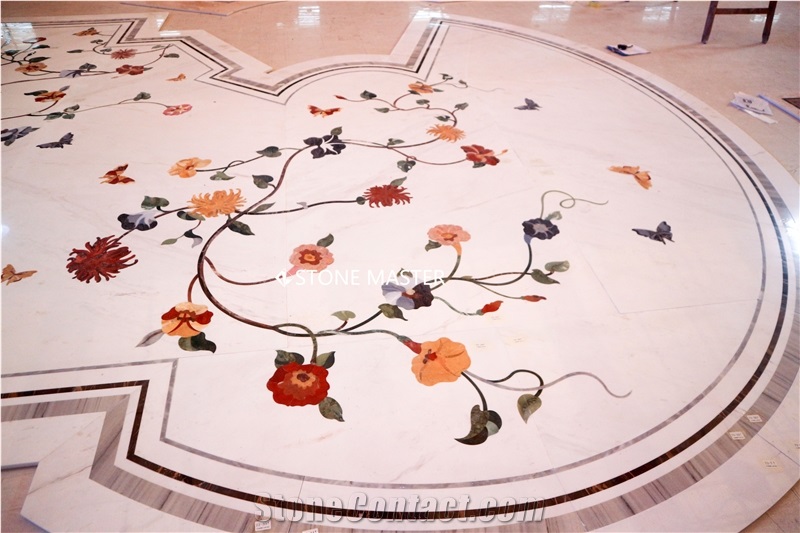 Marble Inlay Stone Medallion Flower Carpet Lobby Floor