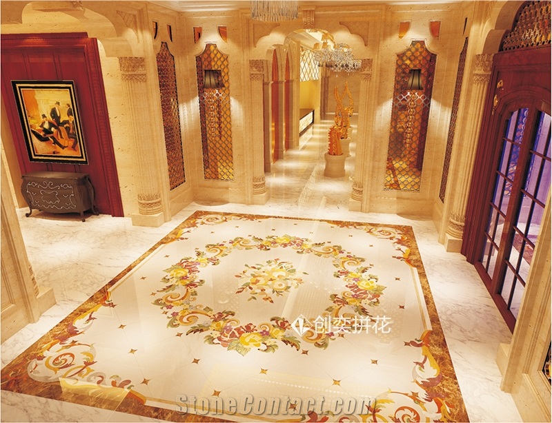 Water-Jet Marble Inlay Medallion Floor Rosso Alicante