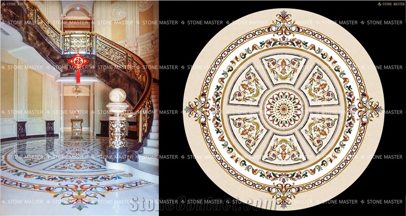 Water-Jet Marble Inlay Medallion Floor Rosso Alicante