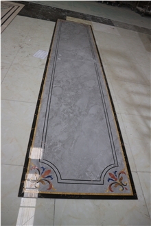 Water-Jet Marble Tile Inlay Medallion Corridor Floor Grey