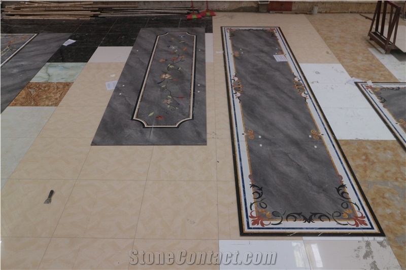 Water-Jet Marble Tile Inlay Medallion Corridor Floor Grey