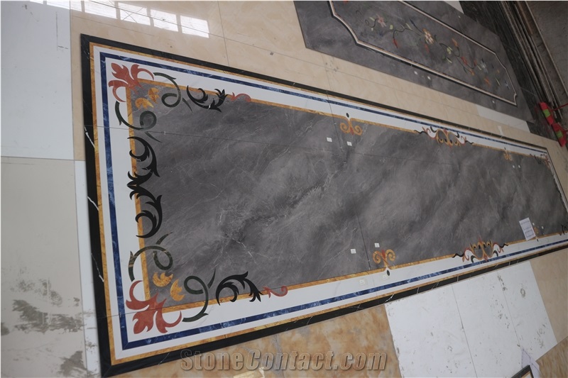 Water-Jet Marble Tile Inlay Medallion Corridor Floor Grey