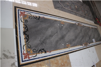 Water-Jet Marble Tile Inlay Medallion Corridor Floor Grey