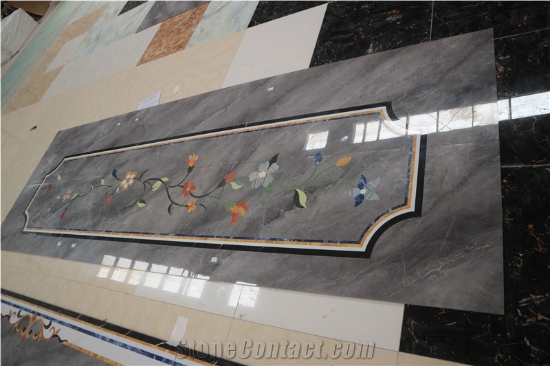 Water-Jet Marble Tile Inlay Medallion Corridor Floor Grey