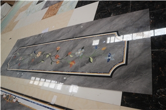 Water-Jet Marble Tile Inlay Medallion Corridor Floor Grey
