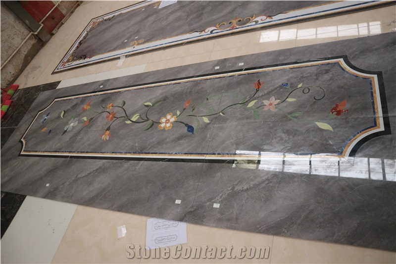 Water-Jet Marble Tile Inlay Medallion Corridor Floor Grey