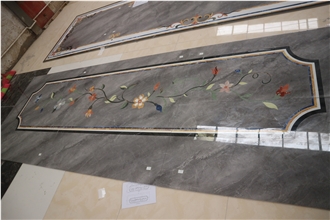 Water-Jet Marble Tile Inlay Medallion Corridor Floor Grey