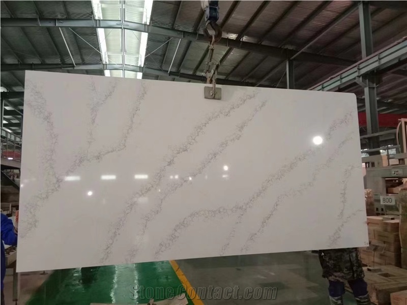 Artificial Stone Grey Veins White Quartz Slabs For Wall